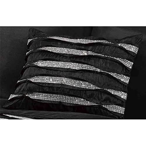 Crystal Diamante Filled New Oblong Cushion Boudoir Pleated Modern, 30 x 40 cm, Polyester, Black, 39.5x29.5x7.5 cm