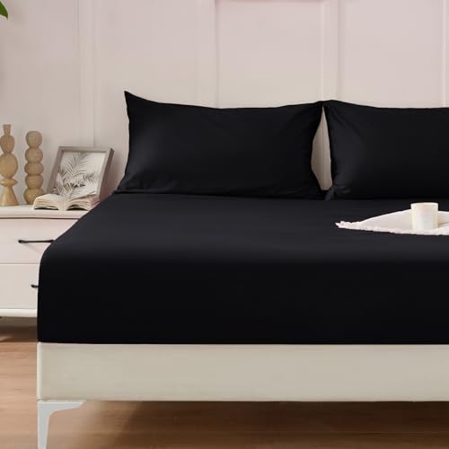 Homiest 2PCS Pure Cotton Fitted Sheet & Pillowcase Set, Twin Size, 400 Thread Count, Soft & Breathable, 15 Inch Deep Pocket, Luxury 5-Star Hotel Quality Cotton Sheets, Black