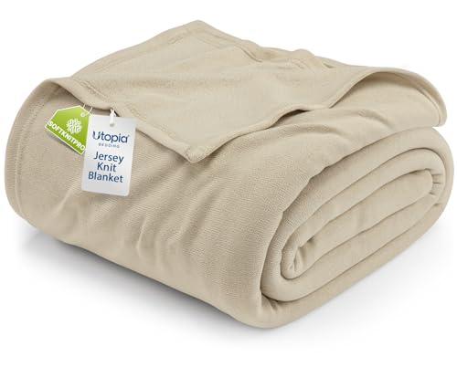 Utopia Bedding Knit Blanket Queen Size (90x90 Inches, Camel) Soft Lightweight Jersey Breathable Sweatshirt Blanket for Bed,Couch & Sofa