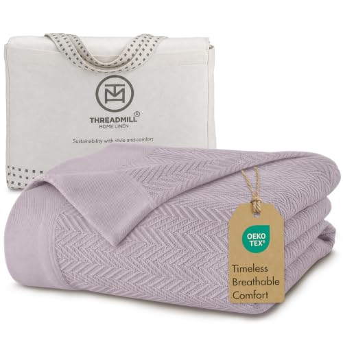 Threadmill 100% Pure Cotton, King Size Warm Lilac Blanket - Herringbone Pattern, Lightweight, Soft & Cozy Premium Fall Throw Blanket for All Seasons, 350GSM & 106x92 with Free Tote Bag