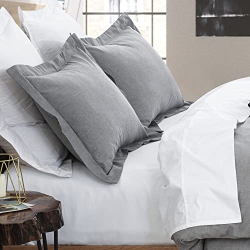 "DAUAOTO Cotton ChambrayPillow Shams, 2 Pieces Pillowcase Set, 20""x36"" Pillow Cover with Decorative Flange, Light Gray/King"
