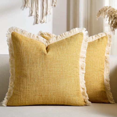 Throw Pillow Covers 16x16 Mustard Yellow Faux Linen Decorative Boho Farmhouse Pillowcases with Tassels Rustic Woven Textured Burlap Cushion Cases for Sofa Bed Living Room Home Decor Set of 2