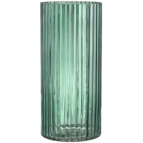 YANWE1 Green Glass Vase, Glass Flower Vase, Ribbed Glass Vase, Green Vase, Tall Cylinder Glass Vases for Centerpieces, Living Room, Bedroom, Dining Table, Office, Wedding, Bookshelf, 10 Inches