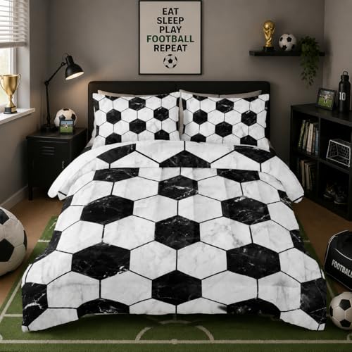 Nttopship Soccer Comforter Set Queen Football Bedding Sets for Boys Teens Kids Sport Themed Bedding,3 PCS White Soccer Bedding Set Bed in A Bag,Sports Theme Comforter with 2 Pillowcases