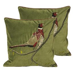 Paoletti Hunter Velvet Feather Filled Cushions (Twin Pack), Cotton, Green