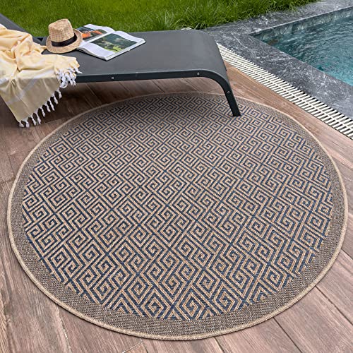 THE RUGS Nature Collection Outdoor Rug – Indoor/Outdoor Tona Border Area Rug for Patio, Deck, Garden, Kitchen, Bathroom or Living Room (Greek Key-Blue, 160 cm Round)