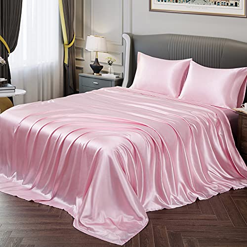 Vonty Satin Sheets California King - Silky Soft Pink Satin Sheet Set, 1 Deep Pocket Fitted + 1 Flat + 2 Pillowcases