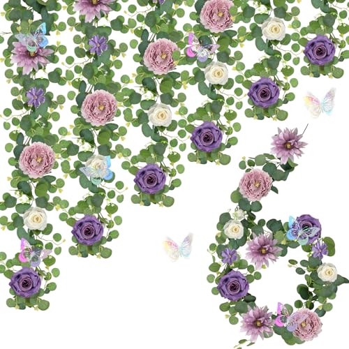 HOMENERGY 6 Pack 5.9 FT Artificial Flower Garland with Butterflies Fake Rose Garland Faux Greenery Eucalyptus Garlands for Wedding Table Backdrop Arch Centerpieces Decorations - Light Purple & Purple