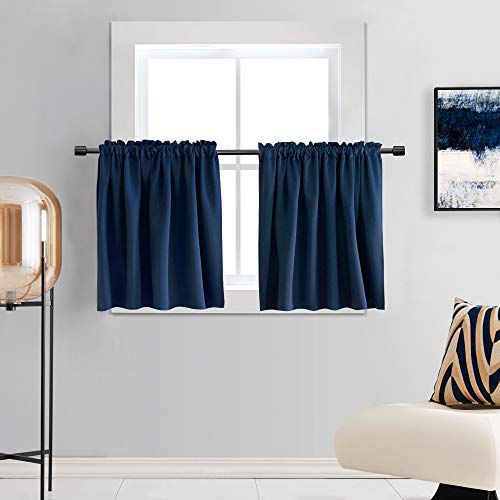 DONREN Navy Blue Blackout Tier Curtain Panels for Small Window - Thermal Insulated Room Darkening Rod Pocket Valance Curtains for Livingroom (30 by 36 Inch 2 Panels)