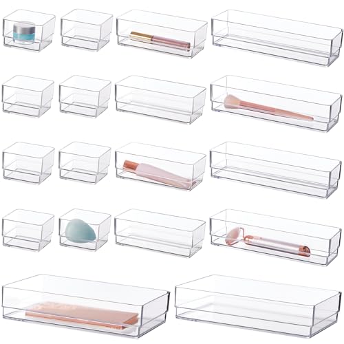 STORi SimpleSort 18-Piece Stackable Clear Drawer Organizer Set - Multi-size Trays - Makeup Vanity Storage Bins and Office Desk Drawer Dividers - Made in USA