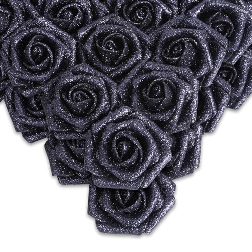 IPOPU Black Glitter Roses,50PCS Fake Roses Glitter Flowers for Crafts DIY Wedding Bouquet Home Party Decoration(Black)