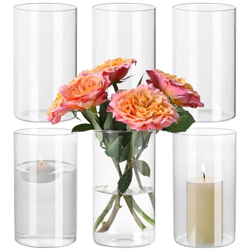 SUPMIND 6Pcs Glass Cylinder Vases, Clear Flower Vase Bulk for Centerpieces - 6 x 3.4 Inch Short Vases, Hurricane Candle Holder Small Floral Vases for Table, Floating Candle Vase for Wedding Home D??cor