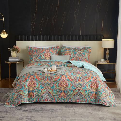 "100% Cotton Boho Quilt Set Queen Vibrant Bohemian Paisley Bed Coverlet - Colorful Gorgeous Mandala Floral Bedspread, Reversible Exotic Pattern Design for All Season, 98""x90"", 2 Pillow Shams"