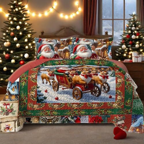Merry Christmas Quilt Set King Size Snowman Santa Claus Pattern Bedding Set Bedspread Coverlet with 2 Pillow Shams for All Season Soft Microfiber Quilt (Santa Clause Sleigh, King 104x90 inches)