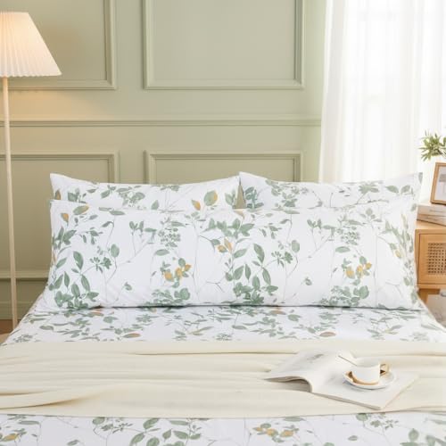 "Cozaline Body Pillowcase 100% Cotton Pillow Case, 1-Piece Light Green Floral Pillow Cover, Soft Breathable Natural Pillow Case with Envelope Closure (Body, 20""x54"")"