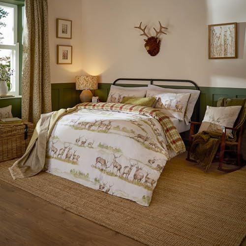 Voyage Maison Moorland Stags Duvet Cover Set – Checked Stag Reversible 100% Tumbled Cotton Bedding (Multicolour - Super King)