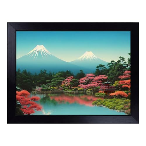 Lap Tray with Bean Bag Cushion, Traditional Japanese Mountains - Handmade in the UK, Raised Wooden Edge, Padded Cushion, Heat-Resistant Wipe-Clean Surface, for Meals, Laptops and Crafts