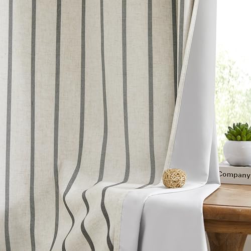 "Bapawfish 63 Inch Black Stripe Full Blackout Window Curtains for Bedroom - Woven Vertical Stripes on Beige Linen Blend Drapes with Liner,Rustic Thermal Insulated Window Treatment,Grommet,40""Wx63""Lx2"
