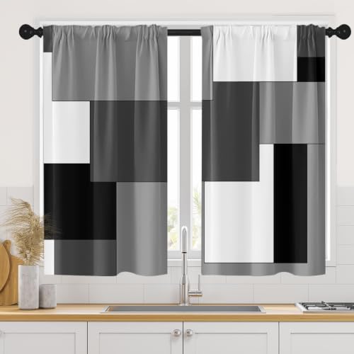 Tayney Black Kitchen Curtains 45 Inch Length Dark Grey White Window Short Tier Curtains Over Sink Set of 2, Modern Abstract Geometric Art Kitchen Decor 42x45 Inch