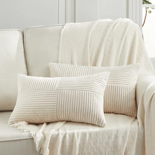 Fancy Homi 2 Packs Cream Long Lumbar Decorative Throw Pillow Covers 12x24 Inch for Couch Bed Sofa, Rustic Farmhouse Boho Home Decor, Soft Striped Corduroy Rectangle Accent Cushion Case 30x60 cm