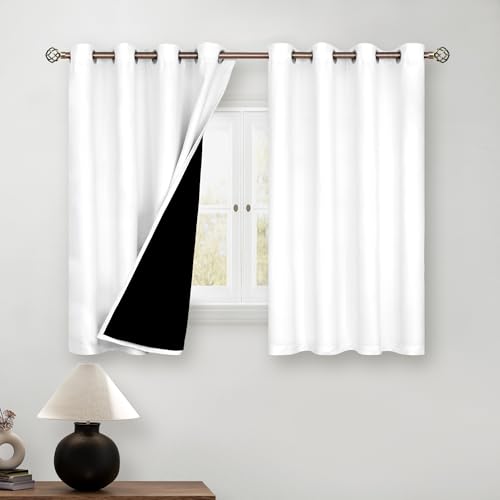 BGment Short 100% Blackout Curtains for Bedroom, Thermal Insulated Energy Efficiency Noise Reducing Grommet Curtains 54 Inch Length with Liner for Small Window 2 Panels Each 46 Inch Wide, Pure White