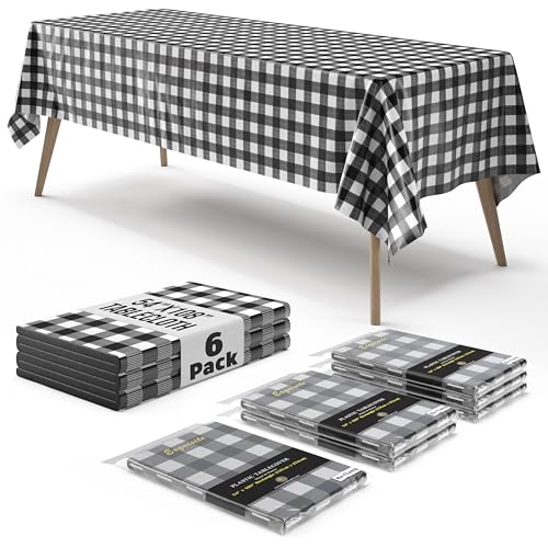 "Exquisite Picnic Table Cover - 6 Pack Premium Rectangle Plastic Tablecloth - Black & White Checkered BBQ Plastic Table Cover - Gingham Checkerboard Disposable Plastic Tablecloth 54"" x 108"" Rectangle"