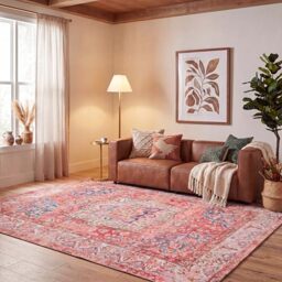 SAFAVIEH Traditional Rug Ideal for High Traffic Areas - Machine Washable and Non Slip - Tucson Collection, Short Pile, in Rose and Cream, 244 X 305 cm