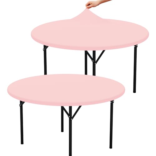"misaya 2 Packs Round Spandex Tablecloths, Stretch Elastic Tablecloth Cover Fitted for 45""-56"" Round Tables, Waterproof Polyester Washable Table Cloth for Dining, Party, Outdoor and Indoor, Pink"