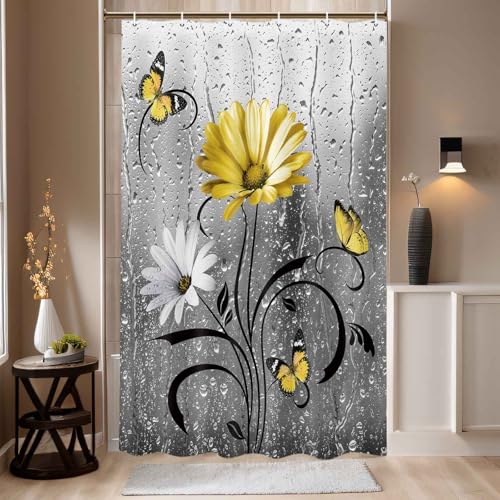 Uokiuki Rustic Yellow Floral Boho Shower Curtain, Country Farmhouse Daisy Spring Flowers and Butterfly Shower Curtain for Bathroom, Grey Gray Surreal Floral Bathroom Curtain with 12PCS Hooks, 36X70IN