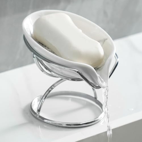 Dobbyby Leaf-Shaped Soap Dish ??? Premium Ceramic Soap Bar Holder with Self-Drainage System ??? Bar Soap Holder for Shower, Bathroom Sink, Kitchen ??? Waterfall Soap Dish with Stainless Steel Stand (SLIVER)
