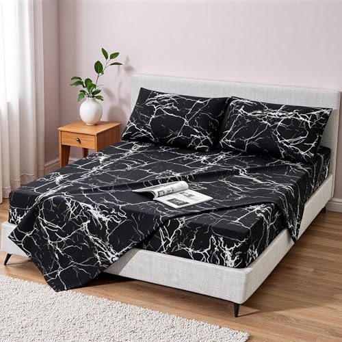 MAG Black Marble Queen Size Super Soft Microfiber Bed Sheet 4PC Marble Bedding Sheet Set with 1 Flat & 1 Fitted Sheet with 2 Pillow Cases, 12??? Deep