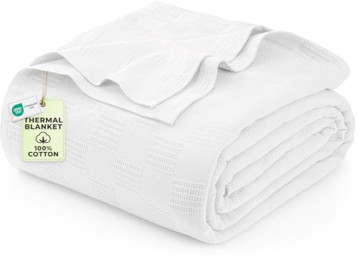 Utopia Bedding Woven Cotton Queen Size Dobby Weave Thermal Blanket (White) - Lightweight Breathable Cozy Spring Summer Blanket Home Decor Gift