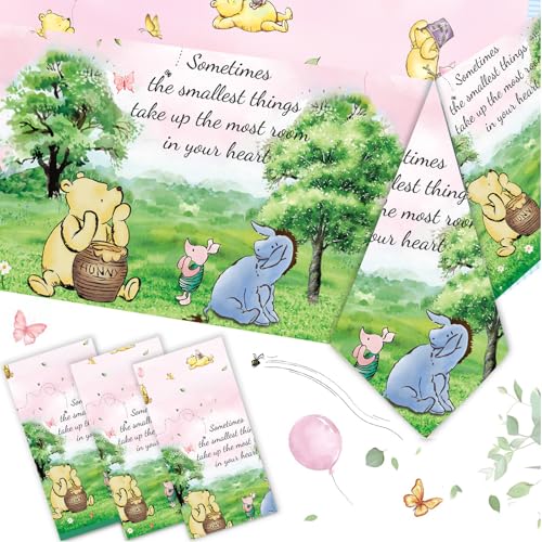 3PCS Pink Winnie Tablecloth Baby Shower Decorations Bear Table Cover Watercolor Plastic Disposable Thickened Tablecloth Oh Baby Gender Reveal Birthday Party Supplies for Kids Boys Girls - 54x108IN