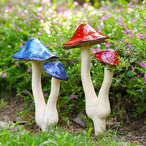 Mushroom Yard Decor 2pcs - Ceramic Mushroom for Garden, Mushroom Statue Decor, Fairy Garden Stakes Ceramic Lawn Ornament Decor Plants Stake