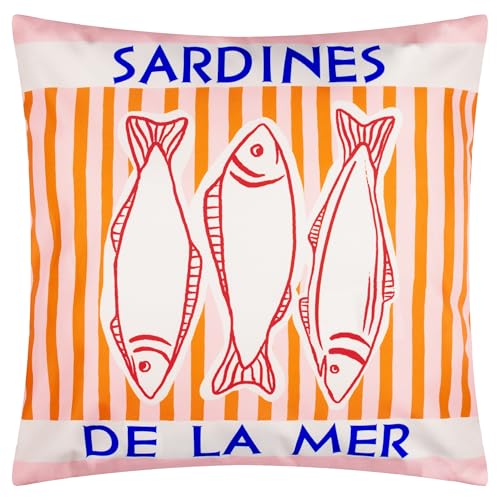 furn. Mediterranean Sardines Cushion Cover – Reversible Water Resistant Mediterranean Coastal Outdoor Decorative Case (Pink/Orange - 45x45cm)