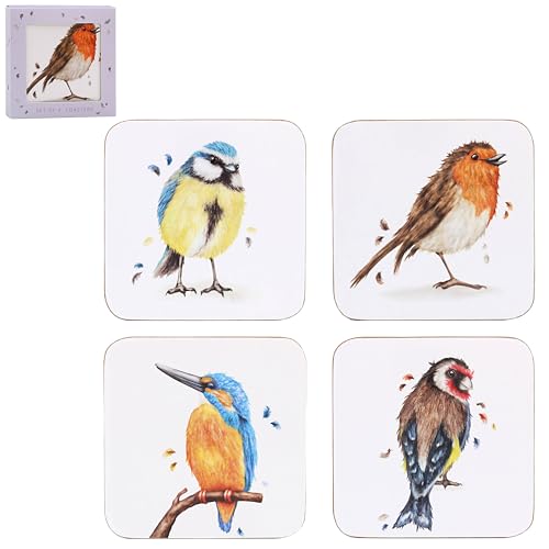 The Leonardo Collection Clemency Bunn British Bird Coasters Set of 4 - British Birds, Stylish Drink Mat, Dining, Durable Tabletops, Home Decor Accessories