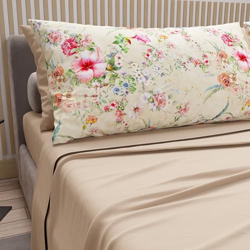 PETTI Artigiani Italiani - Cotton Sheets with Pillowcases in Digital Print, French Queen, Complete Top and Bottom Sheet with Corners, Beige, 100% Made in Italy