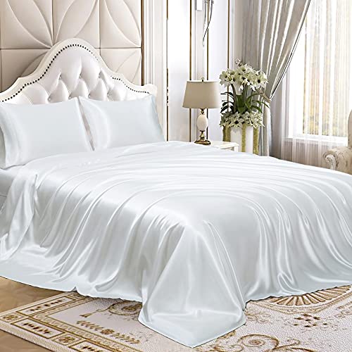 Homiest King White Deep Pocket Satin Sheets, 4-Piece - 15-Inch Deep Pocket Design, Silky Soft for Hair And Skin, Wrinkle And Fade Resistant, Machine Washable, Glossy Finish