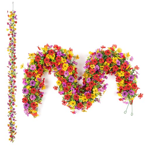 Artificial Flowers Garland Ivy, 4 Pack 5.9 FT Spring Summer Decor UV Resistant Fake Mums Floral Vine Silk Daisy Hanging Flower for Home Garden Wedding Decor Photo Booth Backdrop(Red purple yellow)