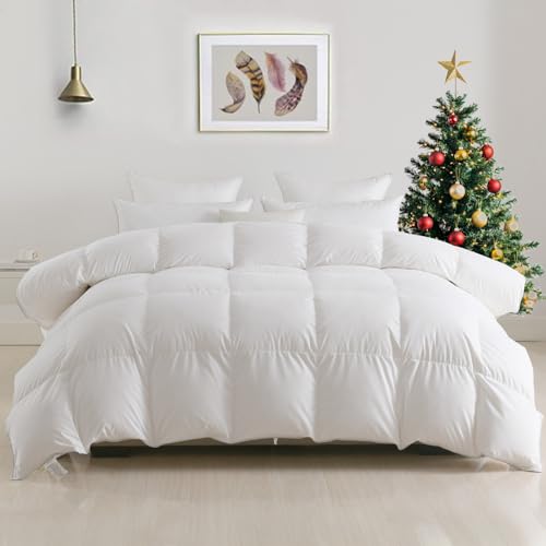 DWR Luxury Feathers Down Comforter Full/Queen, Hotel-Style Fluffy Duvet Insert, Ultra-Soft Egyptian Cotton Cover, 750 Fill Power 46oz Medium Weight for All Season(90x90, White)