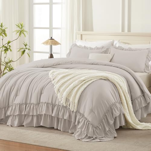 Andency Linen Grey Ruffle Comforter Set King, 3 Pieces Solid Bedding - Soft Fluffy Lightweight Polyester Fabric, Shabby Chic Farmhouse All Season Bed Set (1 Comforter 2 Pillowcases)