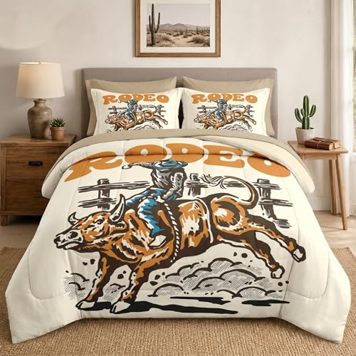 Pamnest Queen Comforter Set with Sheets, 7 Pieces Bull Cowboy Bedding - Bed in A Bag for All Season, Brown Vintage Country for Kids and Adults, 2 Pillowcases & 2 Shams