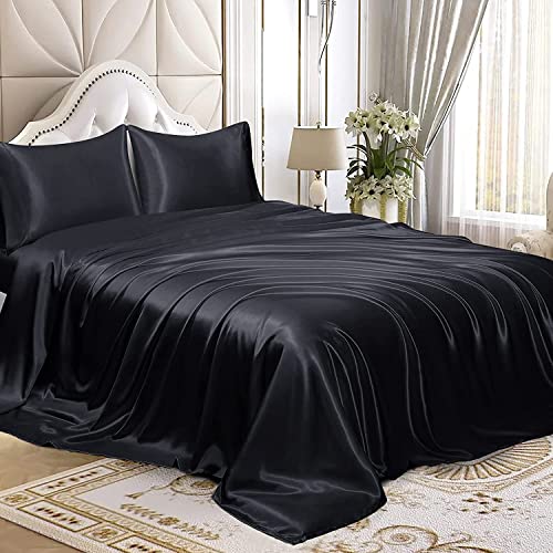Homiest Twin XL Black Deep Pocket Satin Sheets, 3-Piece - 15-Inch Deep Pocket Design, Silky Soft for Hair And Skin, Wrinkle And Fade Resistant, Machine Washable, Glossy Finish