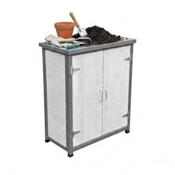 Relaxdays Potting Table with Cabinet, Pine, Galvanised Worktop, 90x75x40cm, Garden Storage, White/Grey