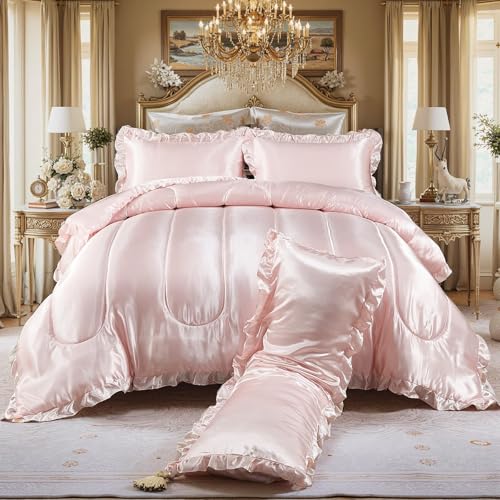 Bedding_Dreamer Satin King Comforter Set Silk Like Satin Bedding Set 4 Pcs Hotel Soft Polyester Pink Bed Set Luxury Silky Body Pillow Cover Ruffle Down Comforter Home Decor