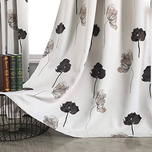 Taisier Home Floral Print Thermal Insulated Bedroom Blackout Heat Absorbing Room Darkening Energy Efficient Savings Living Room Window Curtain Grommet Panels, Set of 2, 52 W x 72 L, Black/Grey/Brown