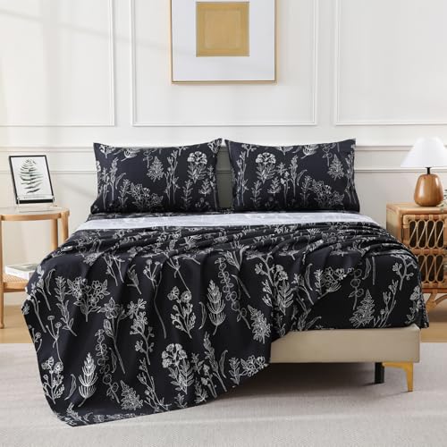 "Yibeizi Black Floral Printed Sheet Set Queen, Dark Botanical Pattern Bed Sheets Cooling Bedding Sheets & Pillowcases Soft Microfiber 15"" Extra Deep Pocket Fitted Bedsheet 4 Piece"