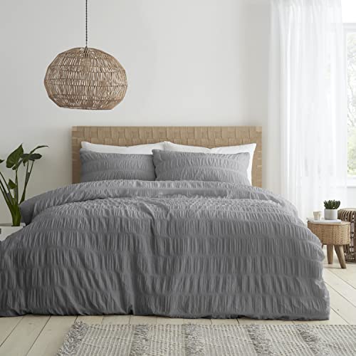 Catherine Lansfield Bedding Seersucker Single Duvet Cover Set with Pillowcase Grey