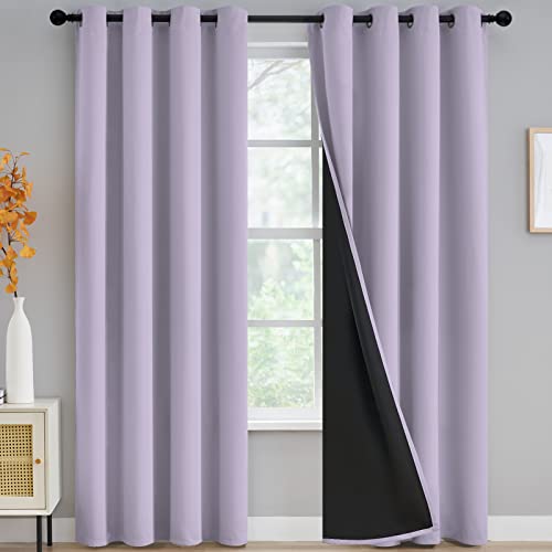 Yakamok 100% Blackout Curtains for Bedroom 96 Inch Length, Full Light Blocking Drapes with Black Backing, Noise Reducing Thermal Insulated Grommet Panels for Living Room, 52Wx96L,Lilac, 2 Panels