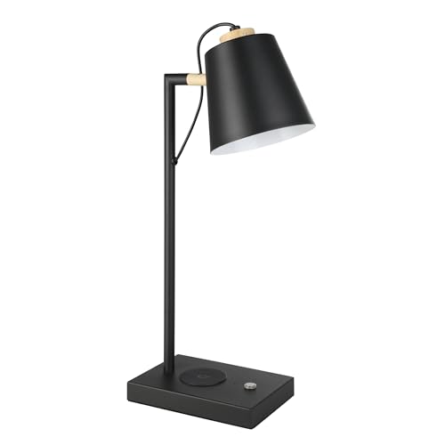 Eglo LED Bedside lamp Lacey, Side Table Light with Wireless QI Charger, Touch dimmable Living Room and Bedroom Lighting Made of Natural Wood, Black and Cream Coloured Metal, Warm White